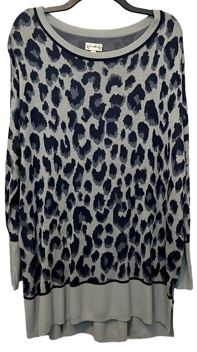 Wonderly Leopard Print Sweater Dolman Sleeve Blue XL